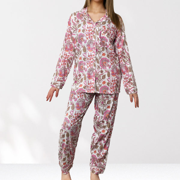 Floral 100% Cotton Long Pyjama Set in White and Pink