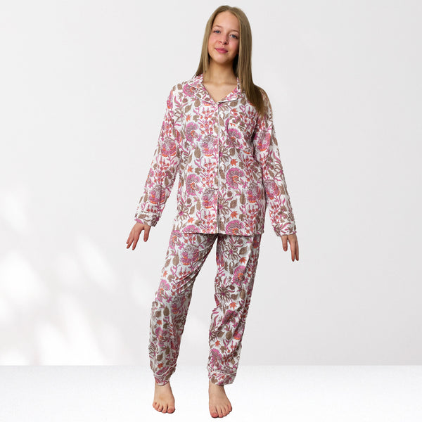 Floral 100% Cotton Long Pyjama Set in White and Pink