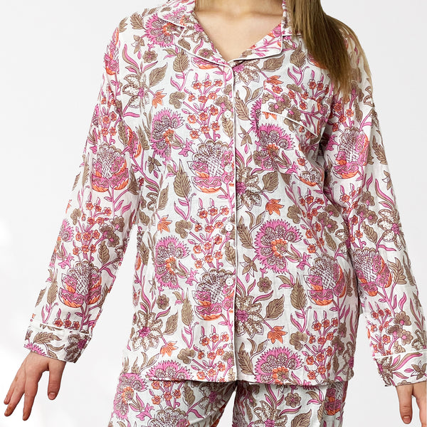 Floral 100% Cotton Long Pyjama Set in White and Pink