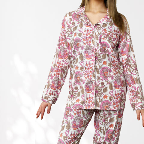 Floral 100% Cotton Long Pyjama Set in White and Pink