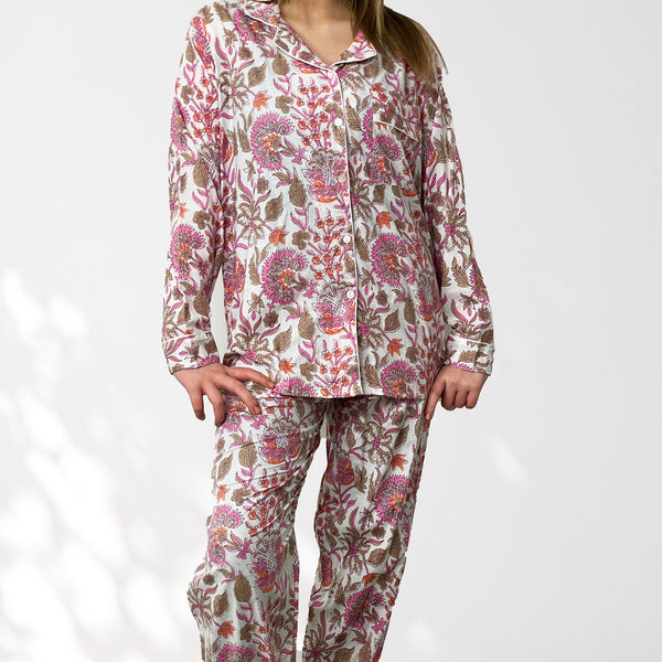 Floral 100% Cotton Long Pyjama Set in White and Pink