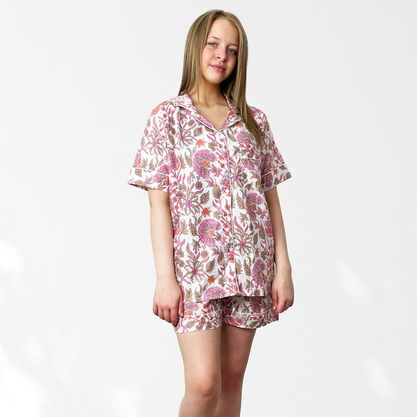 Floral 100% Cotton Short Pyjama Set in White and Pink