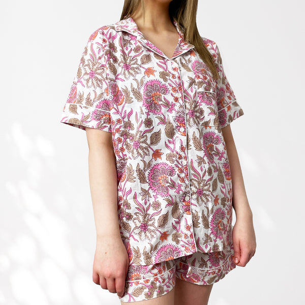 Floral 100% Cotton Short Pyjama Set in White and Pink