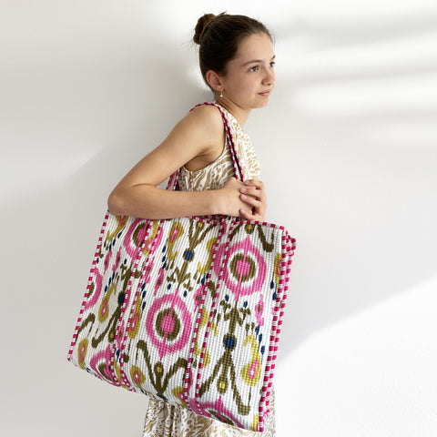 Pink and White Ikat Design Large Quilted Cotton Shoulder Bag