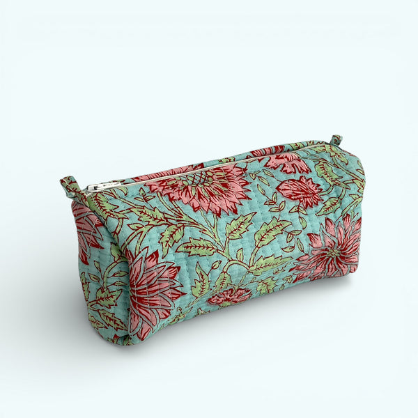 Blue and Pink Floral Block Print Cotton Washbag, Make Up Bag, Pencil Case with Waterproof Lining - Pink Sunflower Print