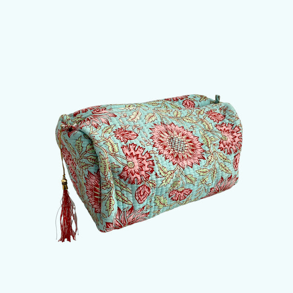Blue and Pink Floral Block Print Cotton Washbag, Make Up Bag, Pencil Case with Waterproof Lining - Pink Sunflower Print