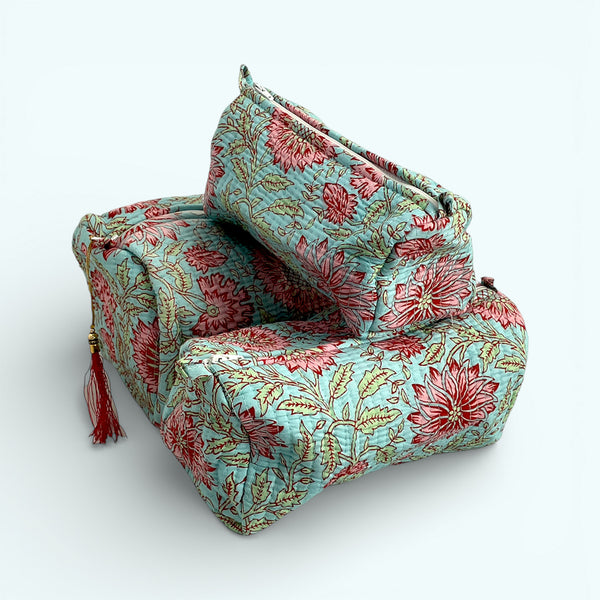 Blue and Pink Floral Block Print Cotton Washbag, Make Up Bag, Pencil Case with Waterproof Lining - Pink Sunflower Print