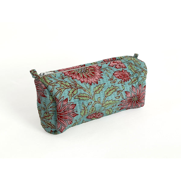 Blue and Pink Floral Block Print Cotton Washbag, Make Up Bag, Pencil Case with Waterproof Lining - Pink Sunflower Print