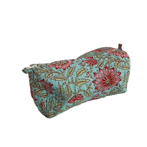 Blue and Pink Floral Block Print Cotton Washbag, Make Up Bag, Pencil Case with Waterproof Lining - Pink Sunflower Print