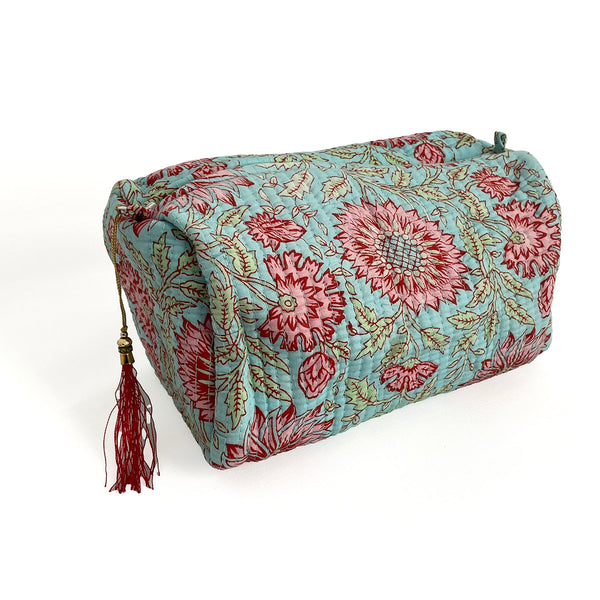 Blue and Pink Floral Block Print Cotton Washbag, Make Up Bag, Pencil Case with Waterproof Lining - Pink Sunflower Print