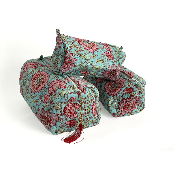 Blue and Pink Floral Block Print Cotton Washbag, Make Up Bag, Pencil Case with Waterproof Lining - Pink Sunflower Print