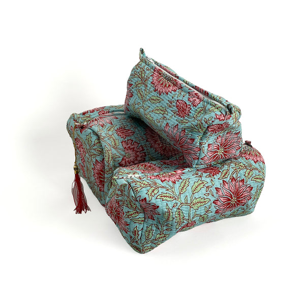 Blue and Pink Floral Block Print Cotton Washbag, Make Up Bag, Pencil Case with Waterproof Lining - Pink Sunflower Print