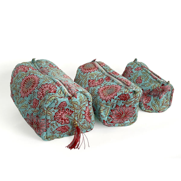 Blue and Pink Floral Block Print Cotton Washbag, Make Up Bag, Pencil Case with Waterproof Lining - Pink Sunflower Print