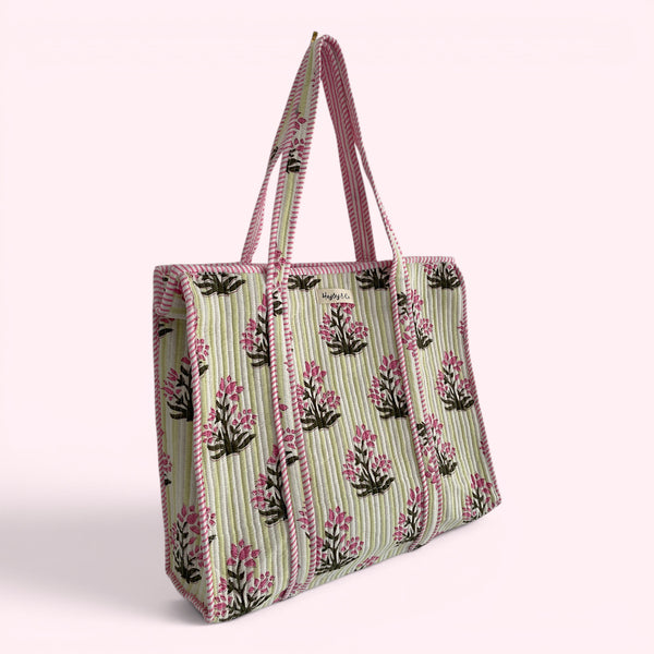 Pink and Green Floral and Stripe Quilted Cotton Tote Bag