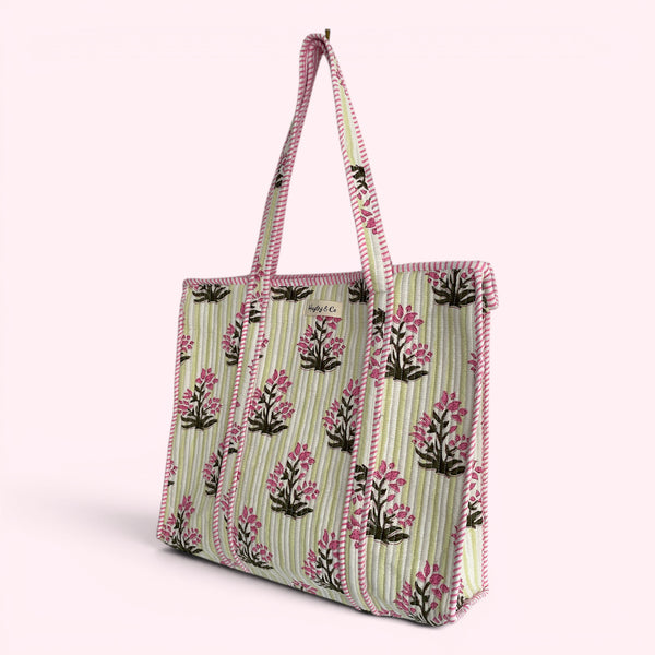 Pink and Green Floral and Stripe Quilted Cotton Tote Bag