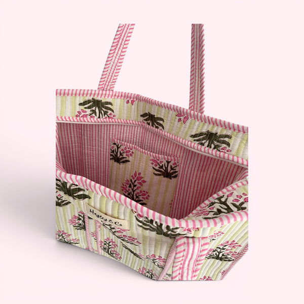 Pink and Green Floral and Stripe Quilted Cotton Tote Bag
