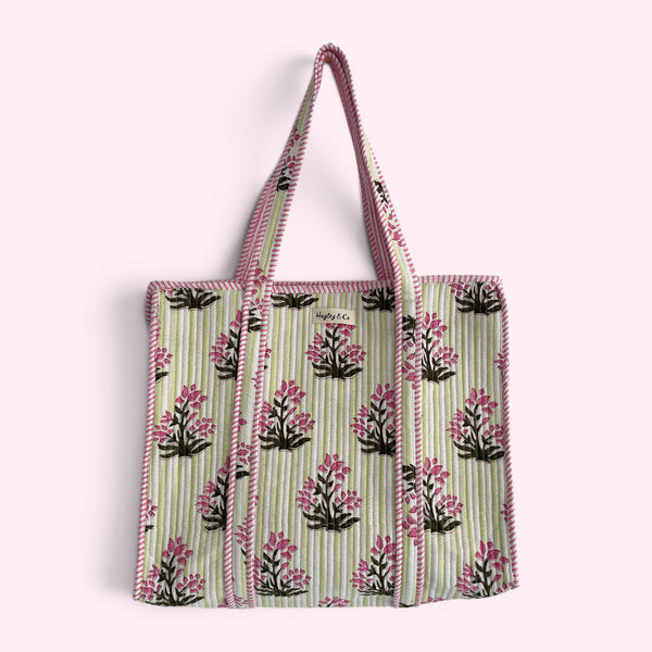 Pink and Green Floral and Stripe Quilted Cotton Tote Bag