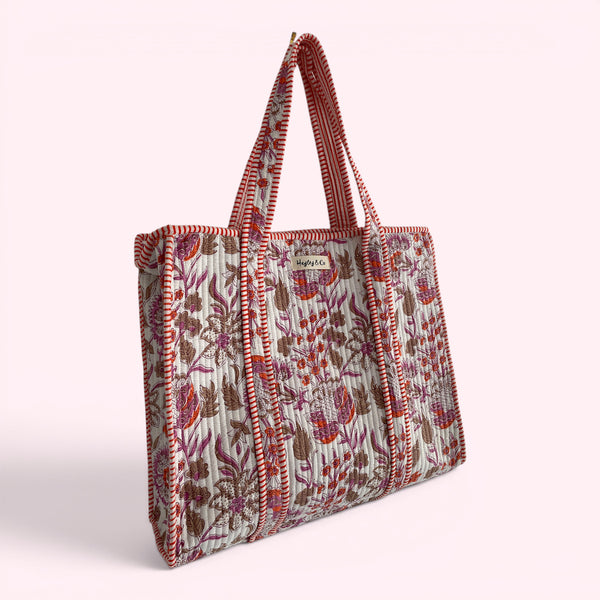 Pink and Orange Floral Quilted Cotton Tote Bag