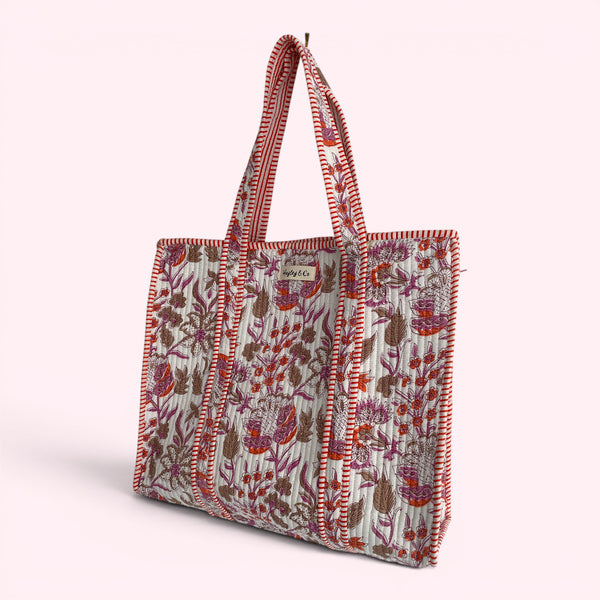 Pink and Orange Floral Quilted Cotton Tote Bag