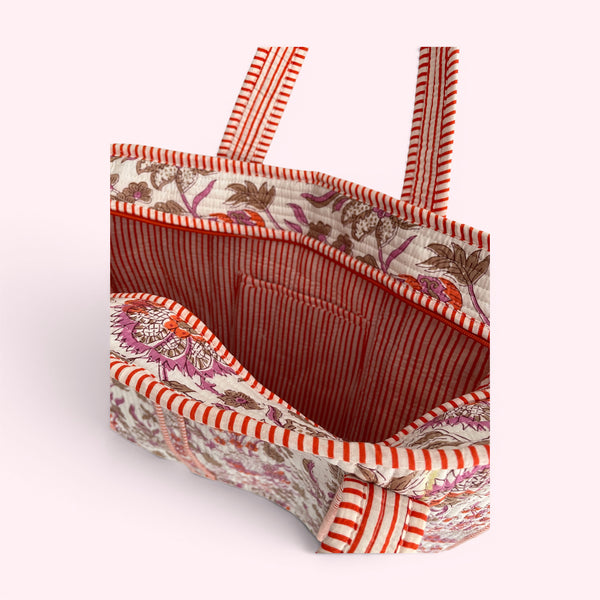 Pink and Orange Floral Quilted Cotton Tote Bag