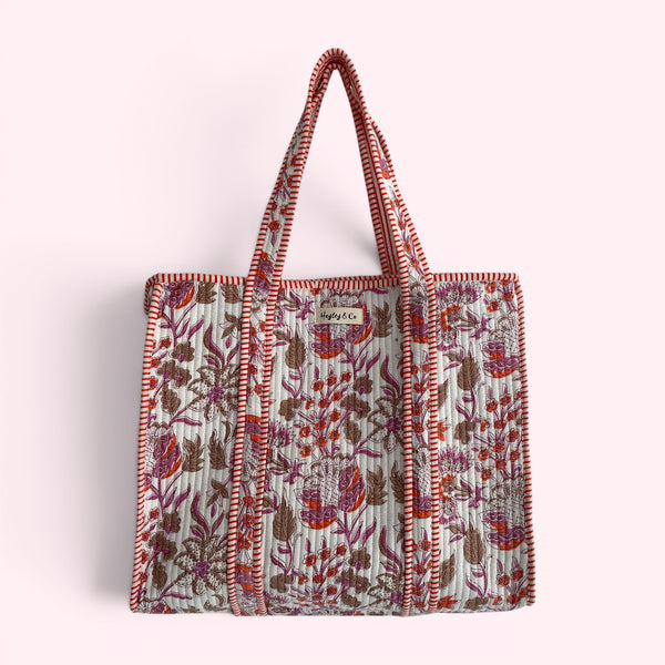 Pink and Orange Floral Quilted Cotton Tote Bag