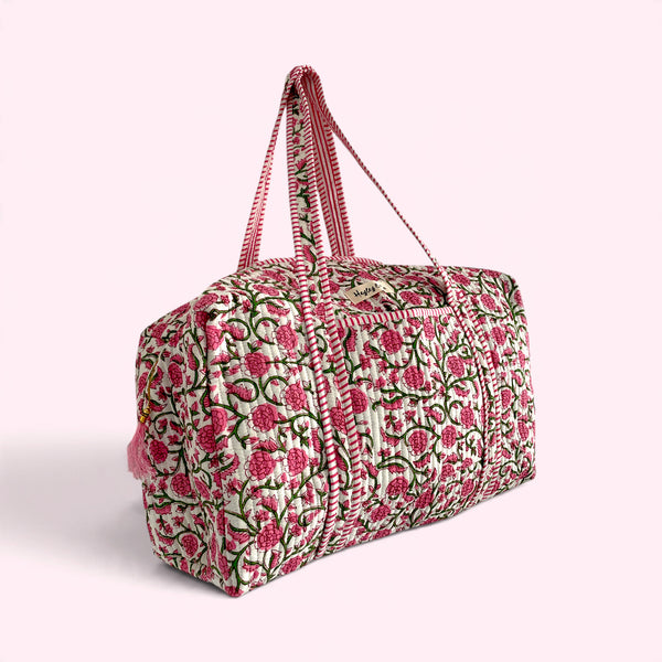 Ditsy Pink Floral Block Print Cotton Quilted Weekend Duffle Bag