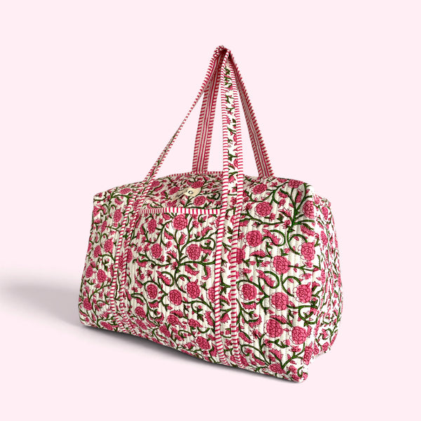 Ditsy Pink Floral Block Print Cotton Quilted Weekend Duffle Bag