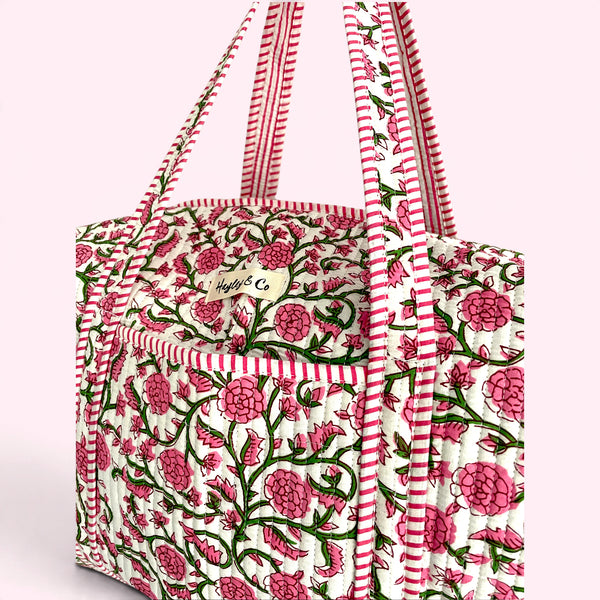 Ditsy Pink Floral Block Print Cotton Quilted Weekend Duffle Bag
