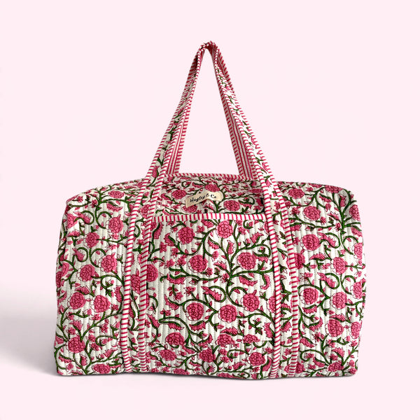 Ditsy Pink Floral Block Print Cotton Quilted Weekend Duffle Bag