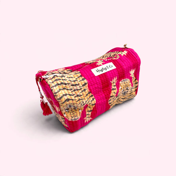 Pink Tiger Print Cotton Washbag, Make Up Bag, Pencil Case with Waterproof Lining