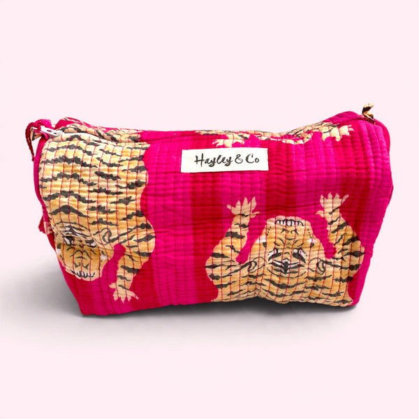 Pink Tiger Print Cotton Washbag, Make Up Bag, Pencil Case with Waterproof Lining