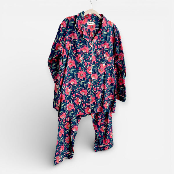 Navy and Pink Block Print Floral 100% Cotton Long Pyjama Set