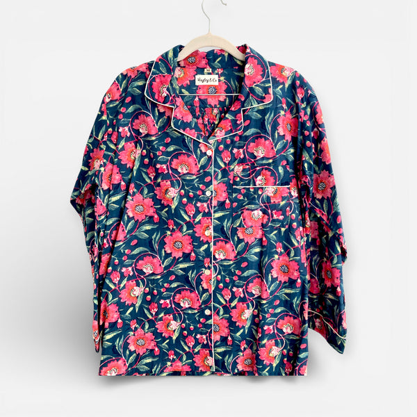 Navy and Pink Block Print Floral 100% Cotton Long Pyjama Set