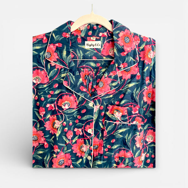 Navy and Pink Block Print Floral 100% Cotton Long Pyjama Set