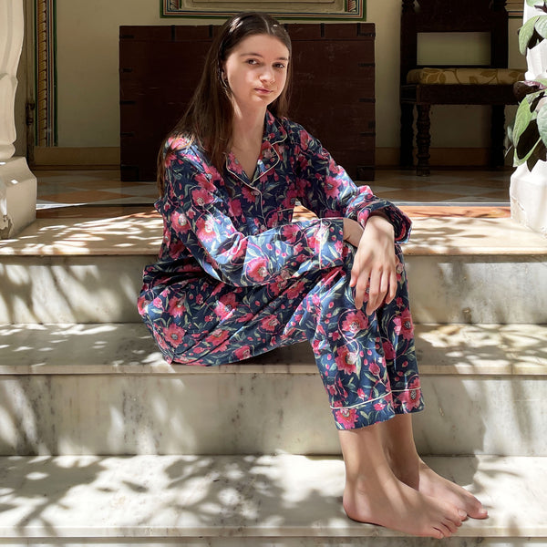 Navy and Pink Block Print Floral 100% Cotton Long Pyjama Set