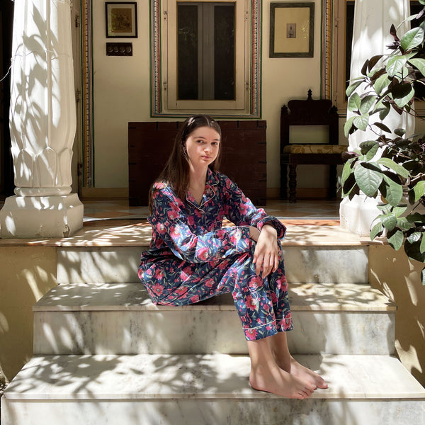 Navy and Pink Block Print Floral 100% Cotton Long Pyjama Set