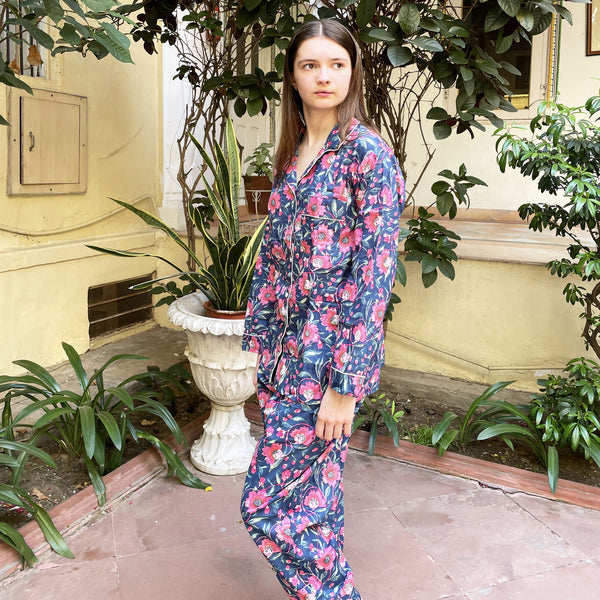 Navy and Pink Block Print Floral 100% Cotton Long Pyjama Set