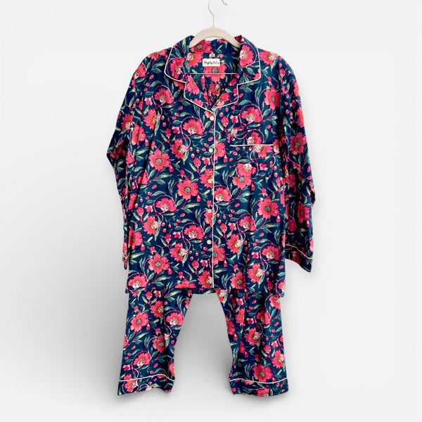 Navy and Pink Block Print Floral 100% Cotton Long Pyjama Set