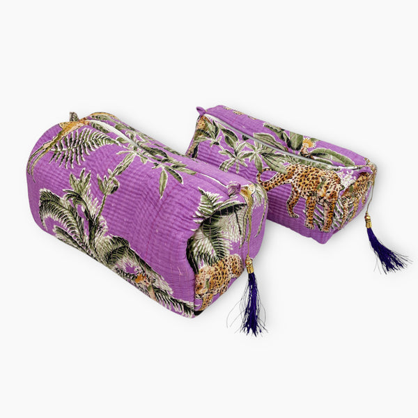 Giraffe Print Cotton Washbag, Make Up Bag, Pencil Case with Waterproof Lining - Giraffe and Leopard Print in Purple