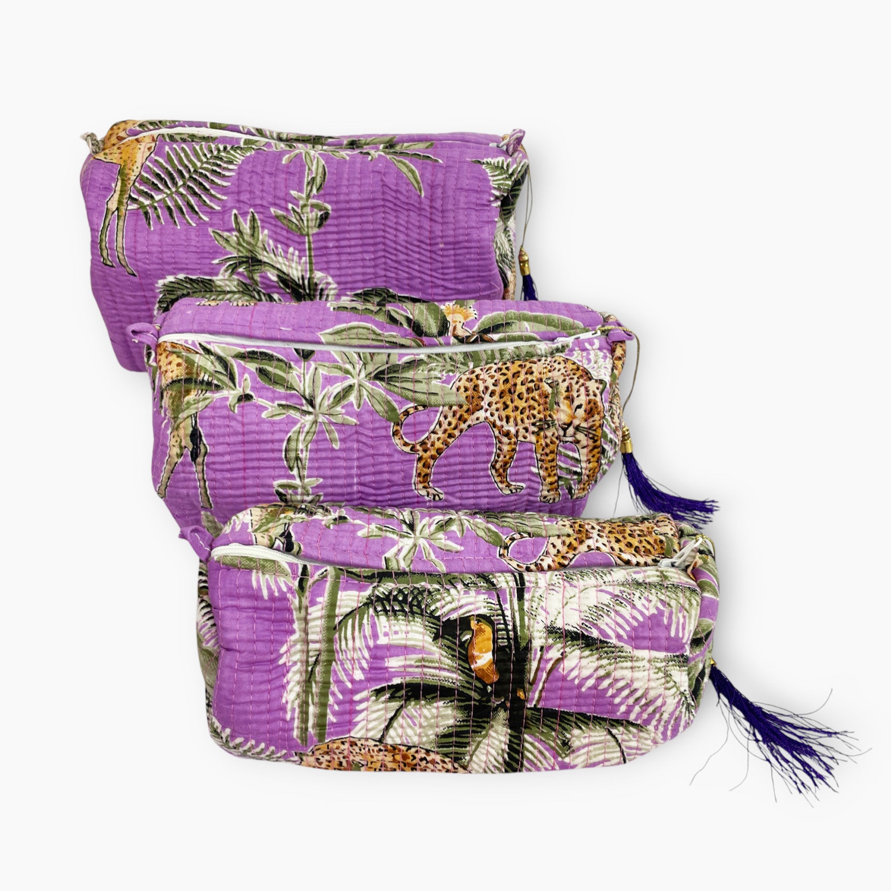 Giraffe Print Cotton Washbag, Make Up Bag, Pencil Case with Waterproof Lining - Giraffe and Leopard Print in Purple