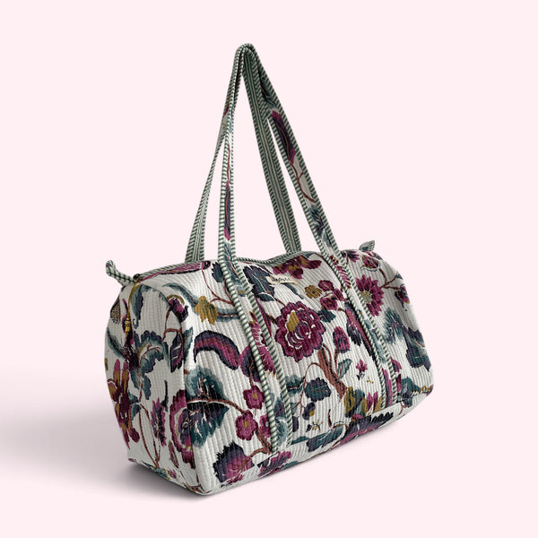 Purple and White Floral Cotton Quilted Weekend Duffle Bag