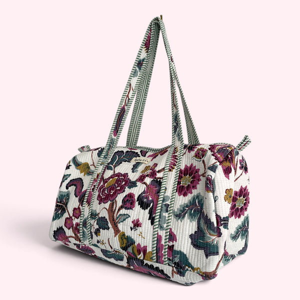 Purple and White Floral Cotton Quilted Weekend Duffle Bag