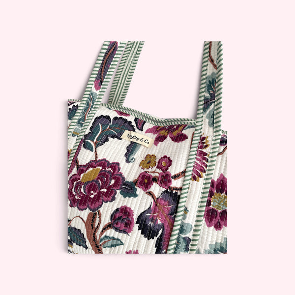 Purple and White Floral Cotton Quilted Weekend Duffle Bag