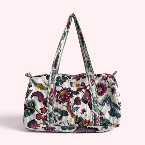 Purple and White Floral Cotton Quilted Weekend Duffle Bag