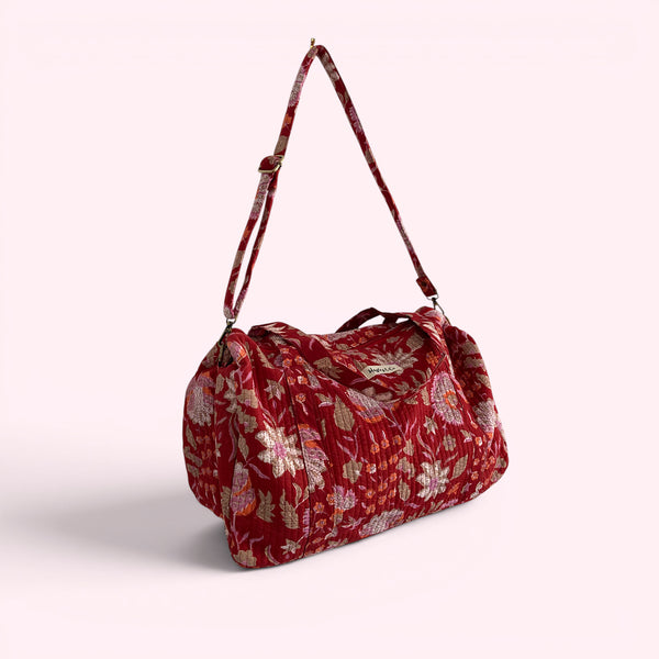 Weekend Duffle Bag | Red Block Print Floral with Long Strap