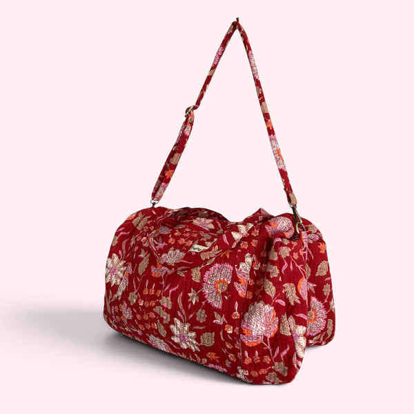 Weekend Duffle Bag | Red Block Print Floral with Long Strap