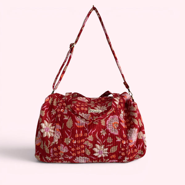 Weekend Duffle Bag | Red Block Print Floral with Long Strap