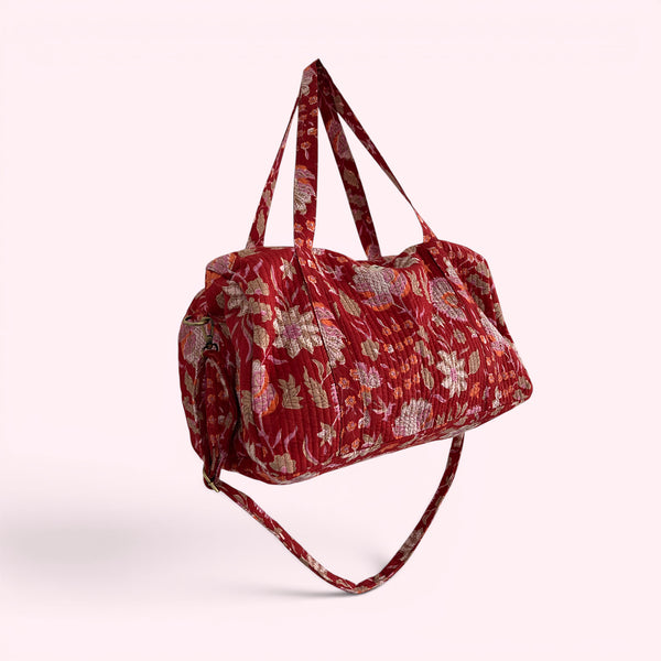 Weekend Duffle Bag | Red Block Print Floral with Long Strap