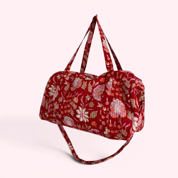 Weekend Duffle Bag | Red Block Print Floral with Long Strap