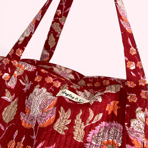 Weekend Duffle Bag | Red Block Print Floral with Long Strap